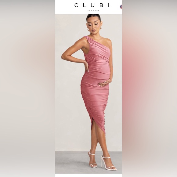 Club L London BLUSH PINK MATERNITY RUCHED ONE SHOULDER MIDI DRESS NWT - Picture 2 of 3